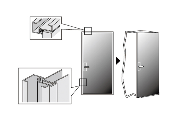 earthquake ・ Disaster-prevention measures.  [Tai Sin door frame] Even distortion in building occurs with a large force caused by the earthquake, So that you can open the door, Tai Sin adopt the entrance door with a door frame. To ensure an escape route to the outside (conceptual diagram)
