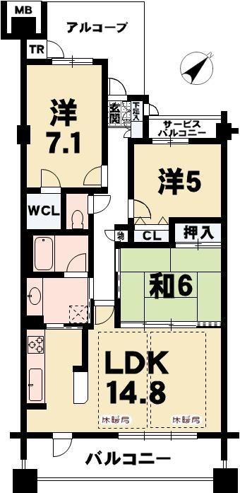 Floor plan. 3LDK, Price 22,900,000 yen, Occupied area 75.02 sq m , Balcony area 13.6 sq m