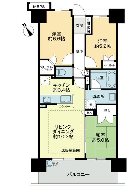 Floor plan. 3LDK, Price 23,700,000 yen, Occupied area 66.84 sq m , Balcony area 11.4 sq m