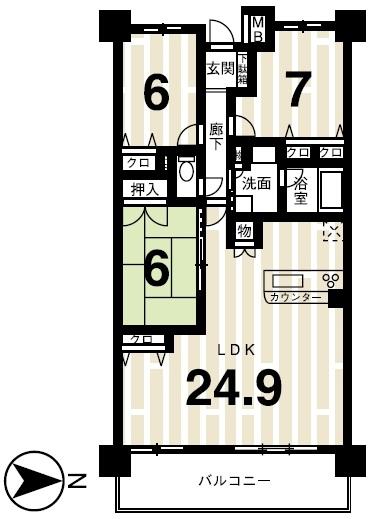 Floor plan. 3LDK, Price 24.5 million yen, Occupied area 90.47 sq m , Balcony area 12.96 sq m