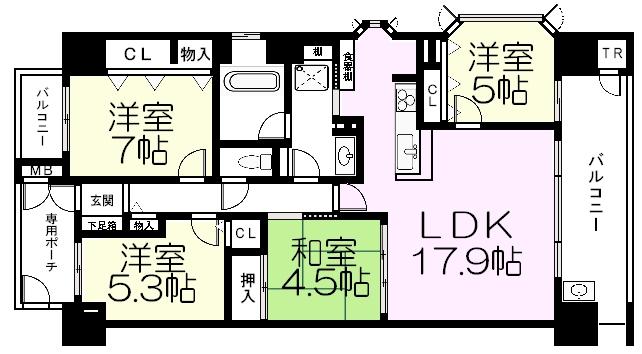 Floor plan. 4LDK, Price 29,800,000 yen, Footprint 90.9 sq m , Balcony area 15.9 sq m