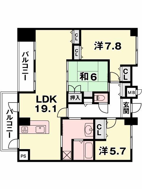 Floor plan. 3LDK, Price 13.8 million yen, Occupied area 90.98 sq m , Balcony area 11.57 sq m