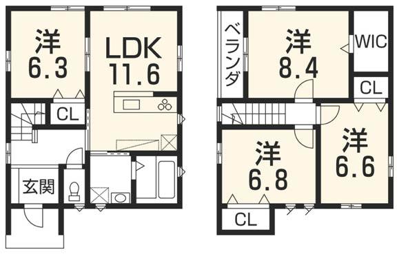 Building plan example (floor plan). Total floor 96.00 sq m  First floor 48.75 sq m  Second floor 47.25 sq m