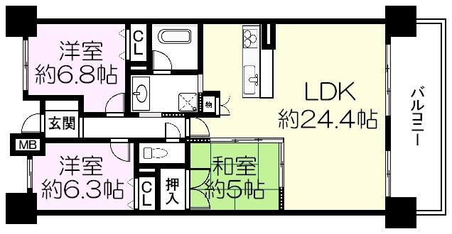 Floor plan. 3LDK, Price 23.8 million yen, Occupied area 86.63 sq m , Balcony area 12.42 sq m