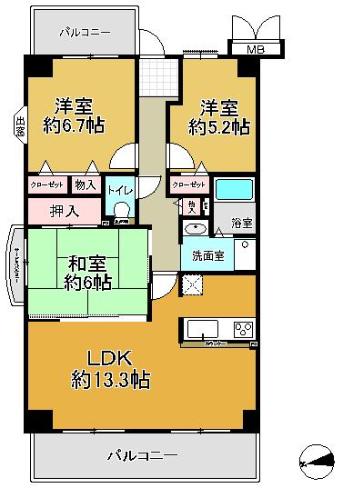 Floor plan. 3LDK, Price 10.8 million yen, Occupied area 73.44 sq m , Balcony area 14.39 sq m