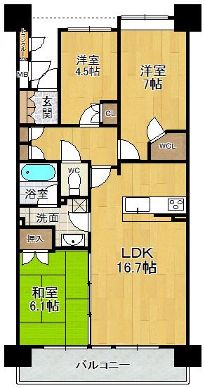 Floor plan. 3LDK, Price 24.5 million yen, Occupied area 73.73 sq m , Balcony area 12.73 sq m