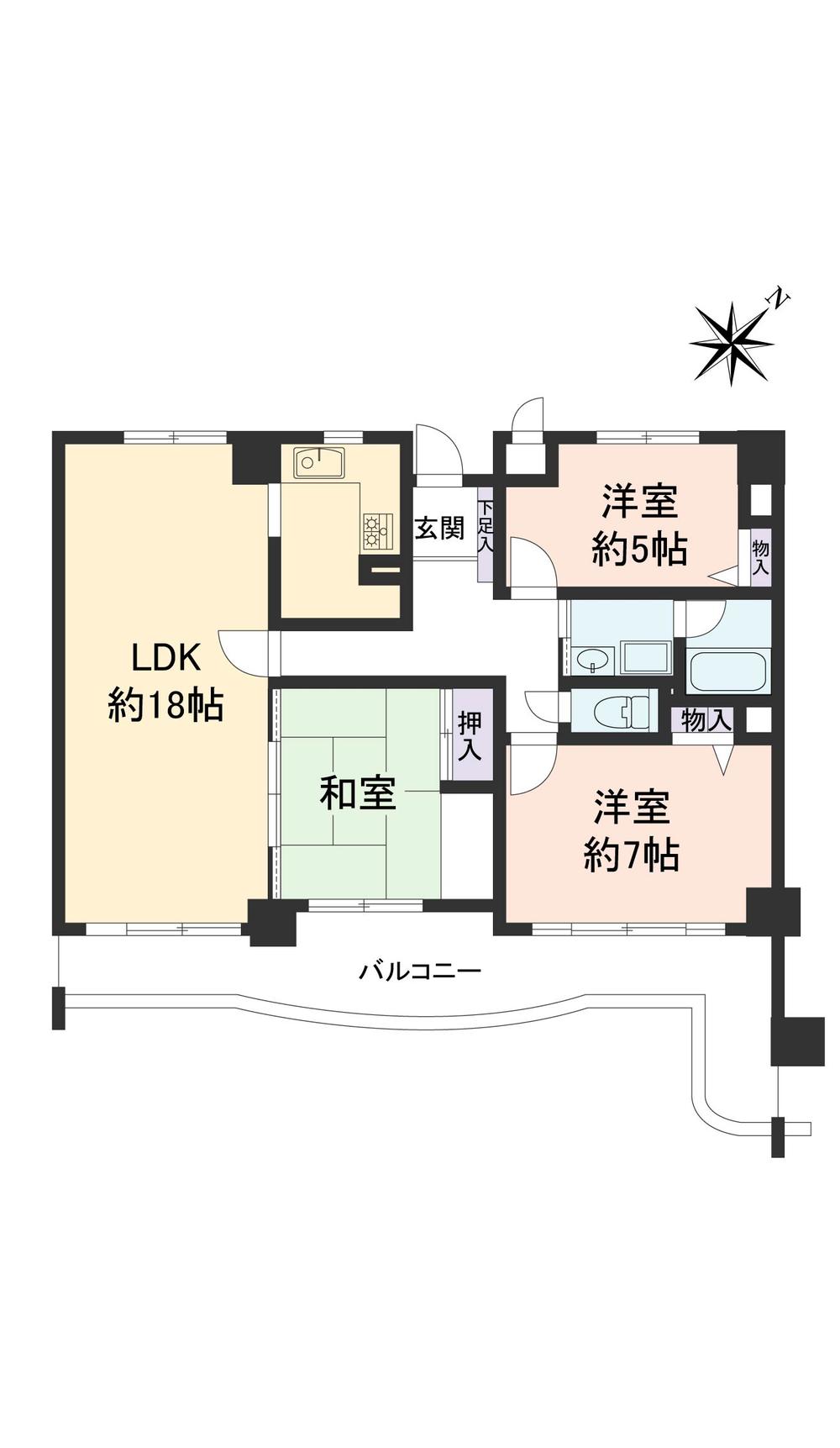 Floor plan. 3LDK, Price 7.3 million yen, Occupied area 83.76 sq m , Balcony area 17.44 sq m is 3LDK of southeast-facing balcony ^^ ○ LDK 18.0 Pledge Optimal Western-style 7.0 Pledge ○ to main bedroom ○ alcove ・ A Japanese-style room 6.0 quires of the closet Privacy can be ensured even if there is a visitor because the independent kitchen