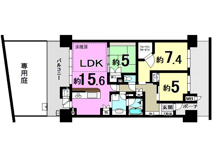 Floor plan. 3LDK, Price 25 million yen, Occupied area 77.14 sq m , Balcony area 28.82 sq m