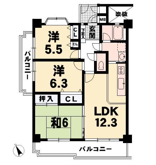 Floor plan. 3LDK, Price 9.8 million yen, Occupied area 68.85 sq m , Balcony area 14.85 sq m