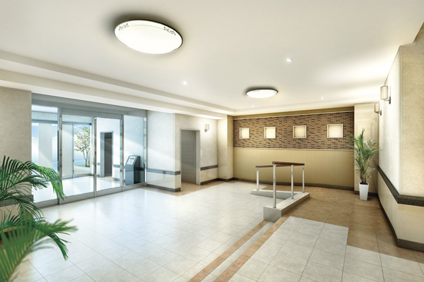 Features of the building.  [Entrance hall] Beautiful tiled floor, Wall natural stone has been adopted, In Trey to produce a sense of openness and elegance ceiling, Entrance Hall full of relaxation. Aiming a comfortable space to all generations, Also provided slope (Rendering)