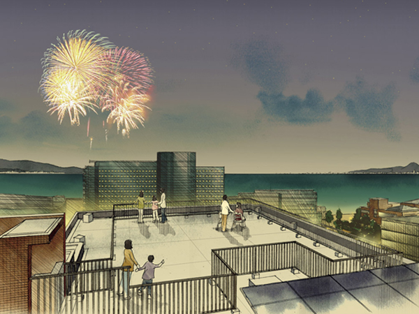 Shared facilities.  [Sky Terrace] Rooftop observation space taking advantage of the lakeside location "Sky Terrace". It is open plan to the period in which the fireworks will be held (Rendering Illustration)