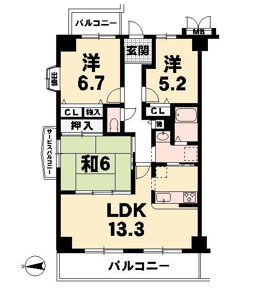 Floor plan. 3LDK, Price 12 million yen, Occupied area 73.44 sq m , Balcony area 14.39 sq m