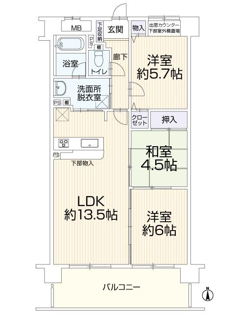 Floor plan. 3LDK, Price 12.8 million yen, Occupied area 66.87 sq m , Balcony area 12 sq m