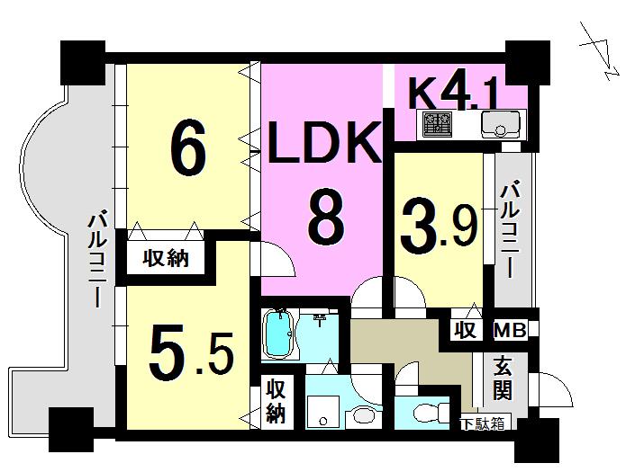 Floor plan. 3LDK, Price 11,950,000 yen, Footprint 64.8 sq m , Balcony area 18.86 sq m