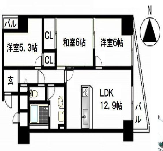 Floor plan. 3LDK, Price 15.5 million yen, Occupied area 63.18 sq m , Balcony area 6.16 sq m