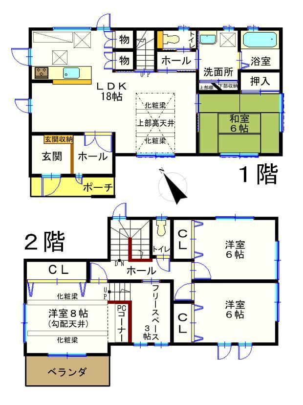 Floor plan. To a high ceiling and gradient ceiling was realized the sense of openness and warmth of a certain space of the tree in the cosmetic Beams. Also excellent functionality at a fine consideration