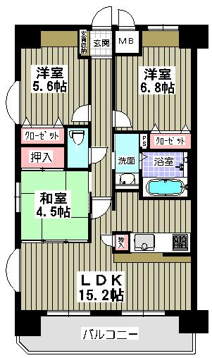 Floor plan. 3LDK, Price 15.6 million yen, Occupied area 70.62 sq m , Balcony area 9.6 sq m