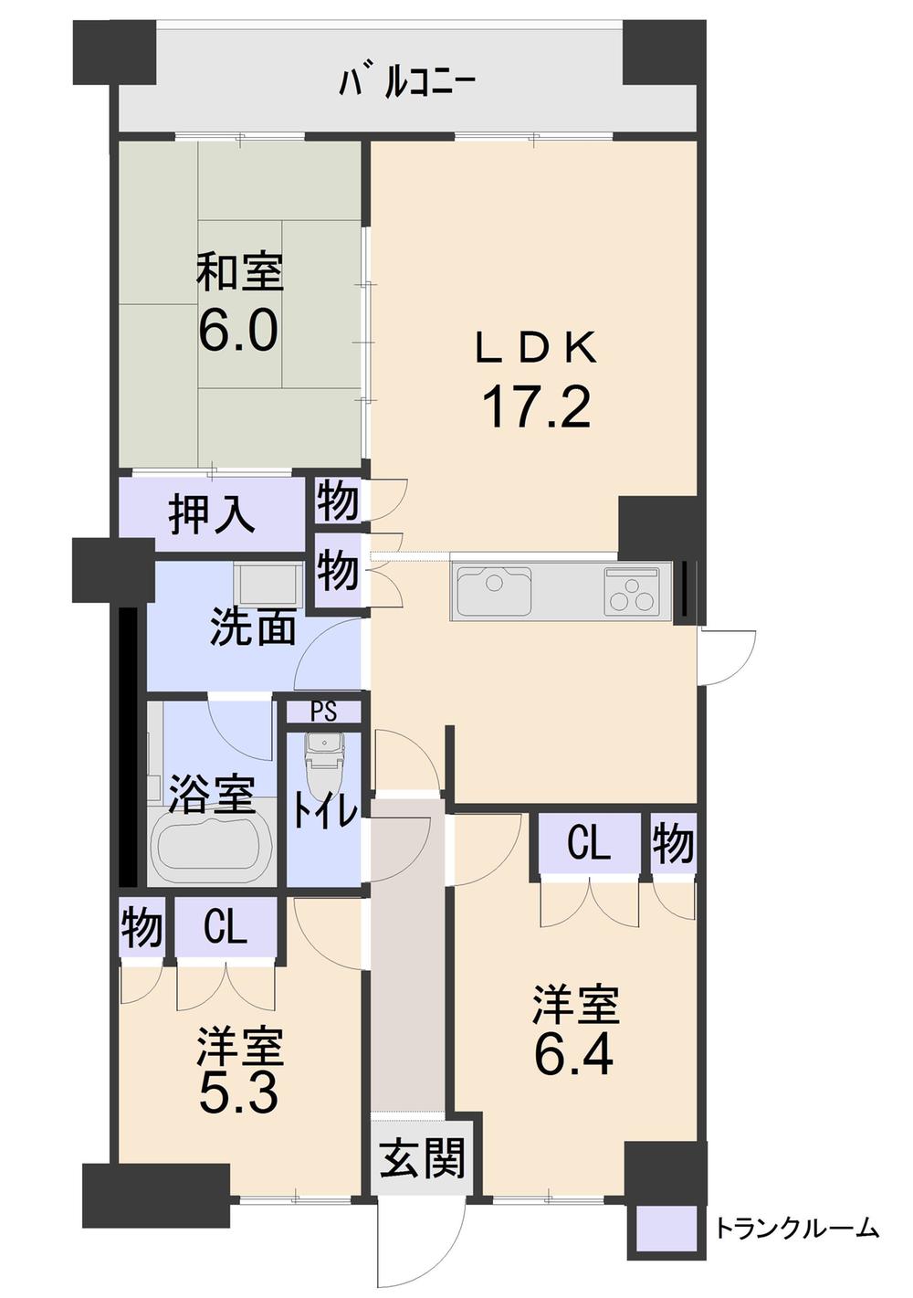 Floor plan. 3LDK, Price 19.2 million yen, Occupied area 76.99 sq m , Balcony area 11.7 sq m