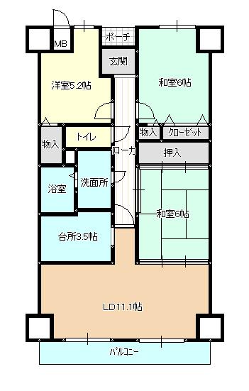 Floor plan. 3LDK, Price 12.9 million yen, Occupied area 61.92 sq m , Balcony area 11 sq m