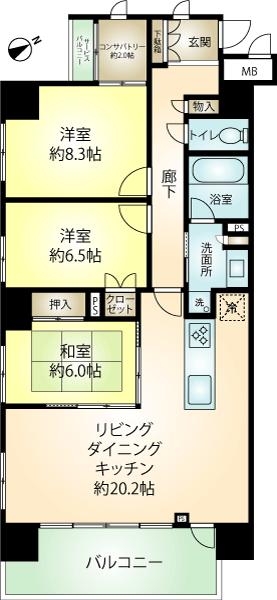 Floor plan. 3LDK, Price 39,800,000 yen, Footprint 95.5 sq m , Balcony area 12.3 sq m