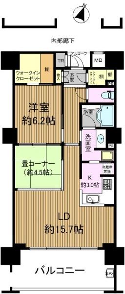 Floor plan. 1LDK, Price 39,500,000 yen, Occupied area 62.77 sq m , Balcony area 13.97 sq m