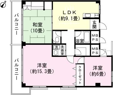 Floor plan. 3LDK, Price 5.98 million yen, Occupied area 92.75 sq m , Balcony area 10 sq m