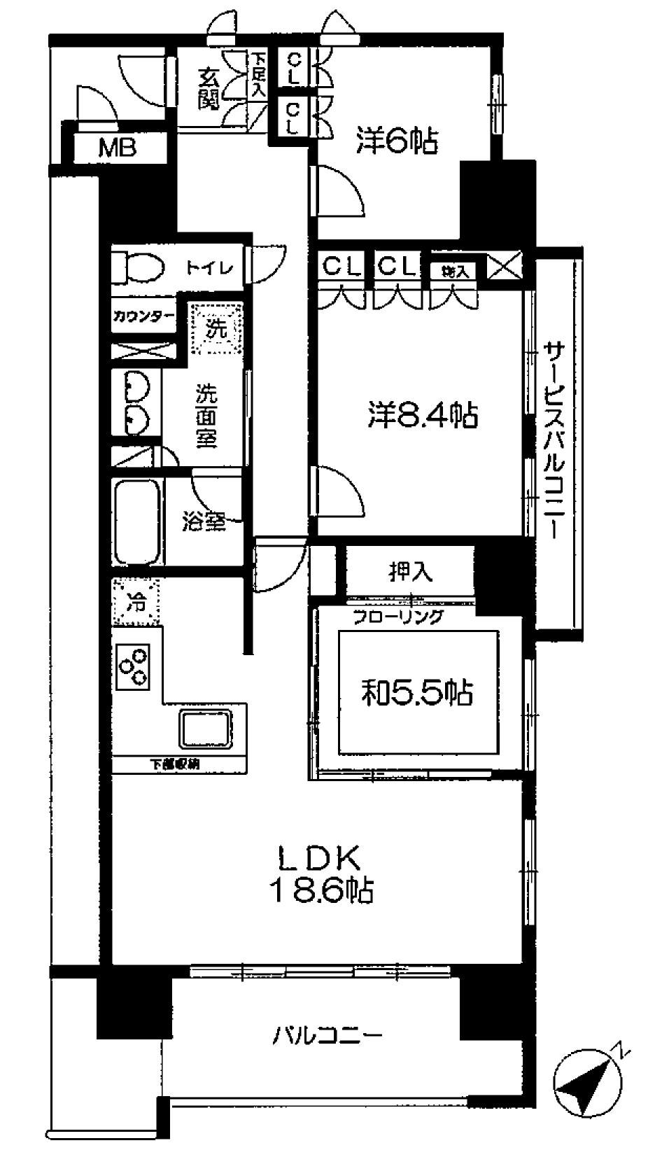 Floor plan. 3LDK, Price 44,800,000 yen, Occupied area 92.45 sq m , Balcony area 11.3 sq m