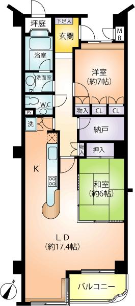 Floor plan. 2LDK + S (storeroom), Price 23 million yen, Footprint 91.5 sq m , Balcony area 6.12 sq m