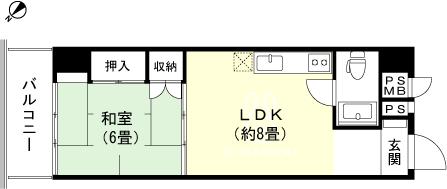 Floor plan. 1LDK, Price 5.4 million yen, Footprint 34.3 sq m , Balcony area 5.25 sq m