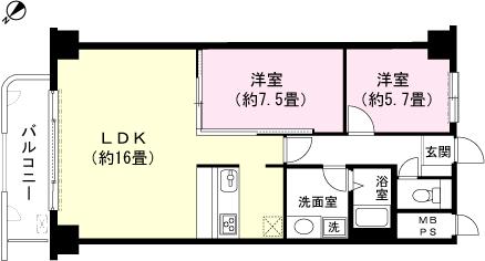 Floor plan. 2LDK, Price 7.8 million yen, Occupied area 73.59 sq m , Balcony area 7.45 sq m