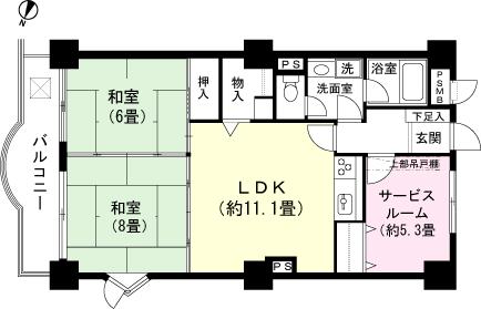 Floor plan. 2LDK + S (storeroom), Price 9.8 million yen, Footprint 69.3 sq m , Balcony area 8.16 sq m
