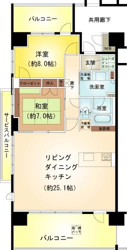 Floor plan. 2LDK, Price 69,800,000 yen, Footprint 88.6 sq m , Balcony area 26.62 sq m