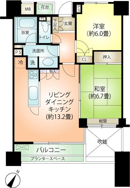 Floor plan. 2LDK, Price 24 million yen, Footprint 57.2 sq m , Balcony area 6.85 sq m