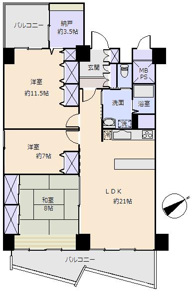 Floor plan. 3LDK + S (storeroom), Price 12.8 million yen, Occupied area 93.98 sq m , Balcony area 21.69 sq m