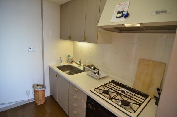 Kitchen. Kitchen around. Stove is gas specification. It is convenient because there is also a storage and hanging shelf.