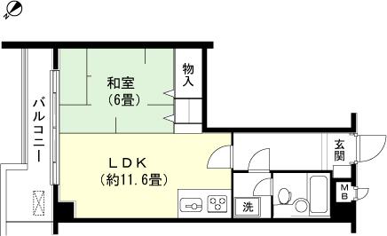 Floor plan. 1LDK, Price 2.8 million yen, Footprint 44.5 sq m , Balcony area 5.9 sq m