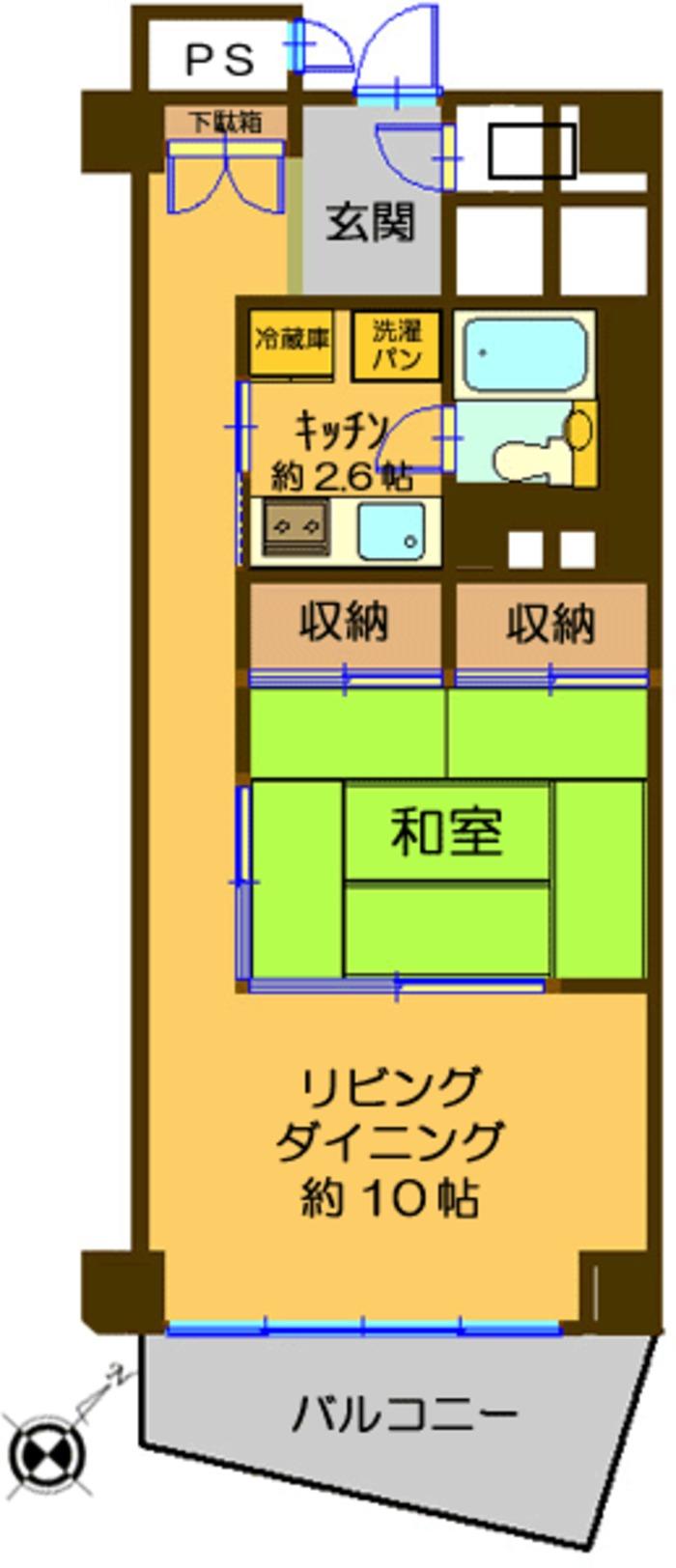 Floor plan. 1LDK, Price 5.5 million yen, Occupied area 44.03 sq m , Balcony area 7.6 sq m