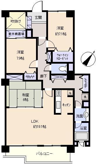 Floor plan. 3LDK, Price 19.5 million yen, Footprint 104.63 sq m , Balcony area 13.44 sq m
