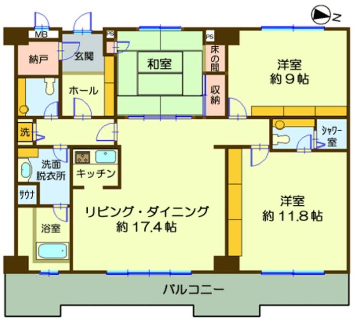Floor plan. 3LDK, Price 15.8 million yen, Footprint 134.24 sq m , Balcony area 17.28 sq m