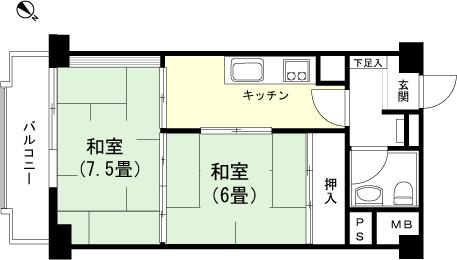 Floor plan. 2DK, Price 1.9 million yen, Footprint 40.5 sq m , Balcony area 6.4 sq m