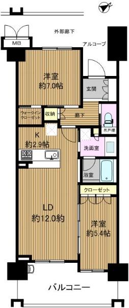 Floor plan. 2LDK, Price 28.5 million yen, Occupied area 62.08 sq m , Balcony area 11.14 sq m