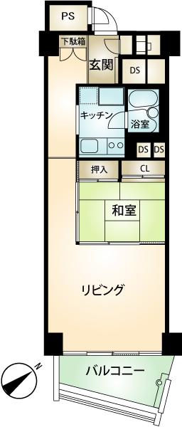 Floor plan. 1LDK, Price 5.5 million yen, Occupied area 44.03 sq m , Balcony area 7.6 sq m