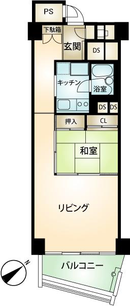 Floor plan. 1LDK, Price 5.5 million yen, Occupied area 44.03 sq m , Balcony area 7.6 sq m