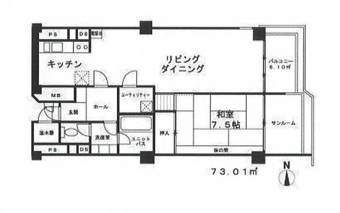 Floor plan. 1LDK, Price 11 million yen, Occupied area 73.01 sq m , Balcony area 6.1 sq m