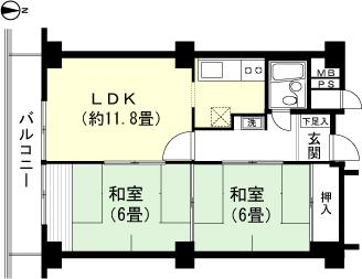 Floor plan. 2LDK, Price 5.98 million yen, Occupied area 55.07 sq m , Balcony area 7.32 sq m