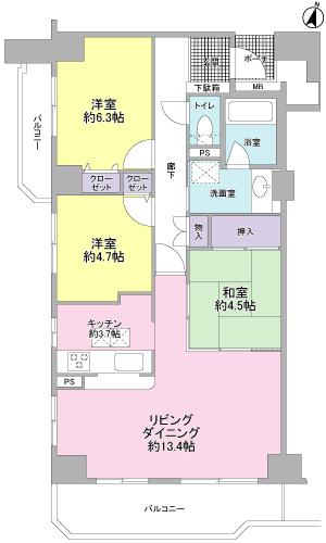 Floor plan. 3LDK, Price 15.6 million yen, Occupied area 74.04 sq m , Balcony area 12.1 sq m
