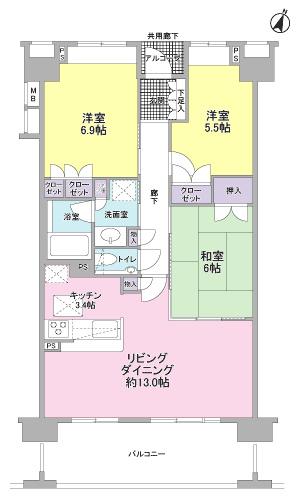 Floor plan. 3LDK, Price 23.8 million yen, Occupied area 75.01 sq m , Balcony area 13.4 sq m