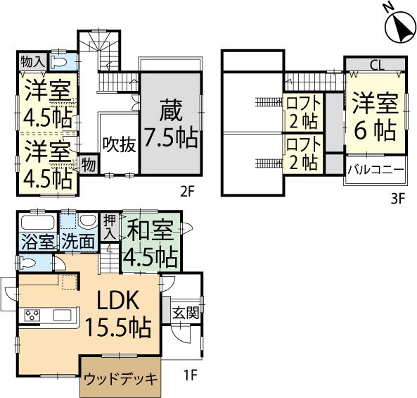 Compartment figure. 26,900,000 yen, 4LDK + S (storeroom), Land area 179.38 sq m , Building area 89.44 sq m south-facing, First floor and warehouse storage of 7.5 quires between the second floor, There loft two places to the children's room, It is housing that there is a practical and playful. 