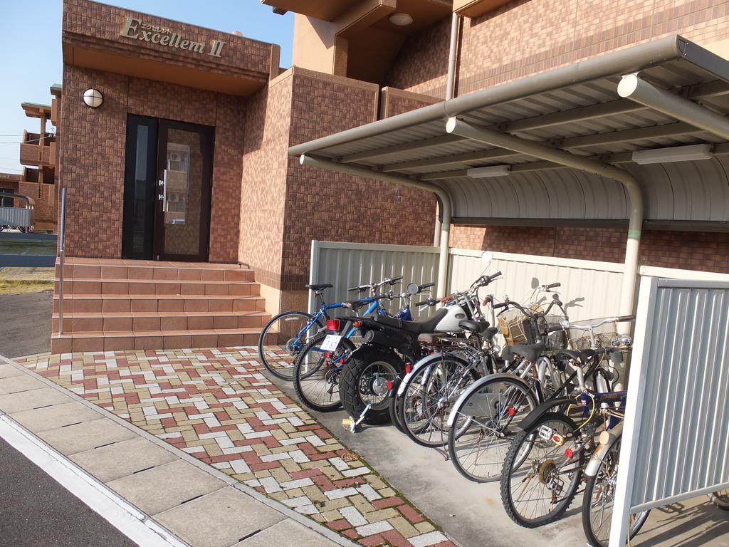 Entrance. Bicycle parking lot and entrance