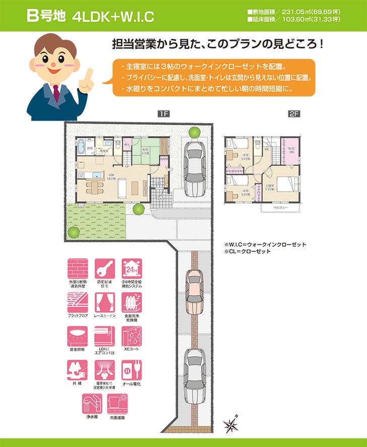 Floor plan.  [No. B land] So we have drawn on the basis of the Plan view] drawings, Plan and the outer structure ・ Planting, such as might actually differ slightly from.  Also, furniture ・ Car, etc. are not included in the price. 